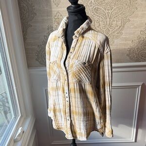 Free People Yellow and Cream Plaid Shirt Size Medium